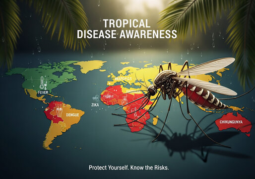 Detailed Illustration Showing Tropical Disease Awareness with Mosquito and World Map