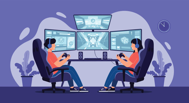Two young gamers wearing headsets sit in ergonomic chairs while playing video games on a sophisticated multi-monitor computer setup.
