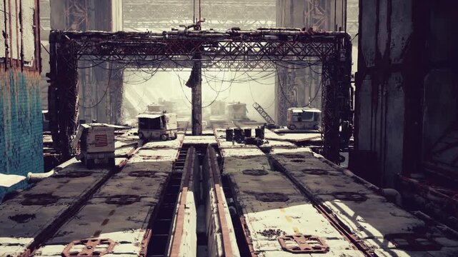 bright industrial loading bay exit, long concrete platforms leading to sunlit opening, scattered crates and equipment, hint of human activity and recovery,