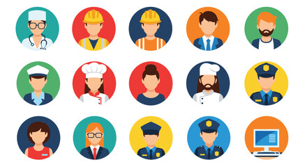 Fototapeta premium Diverse collection of colorful avatars represents various professions including doctors, chefs, police officers, and engineers.