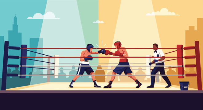 Two boxers in red and blue gear compete in a professional ring while a referee observes the match in a stadium setting.