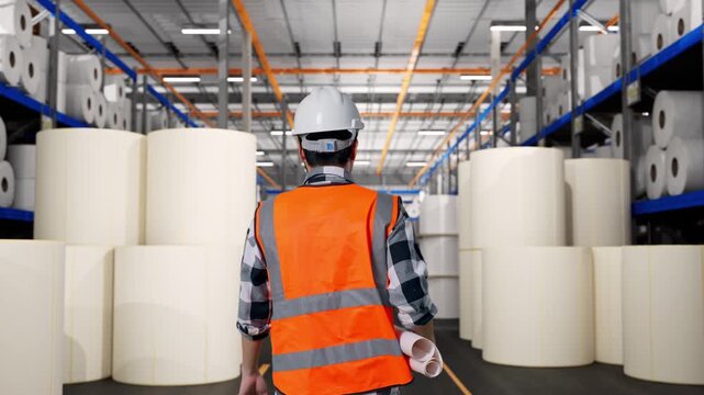 Back of Asian Male Engineer Holding Blueprint While Walking at Warehouse with Rows of Stacked White Polymer and Paper Rolls