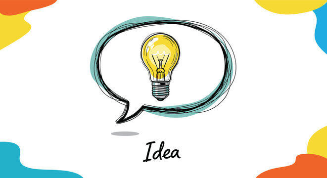 Bright yellow glowing light bulb representing a creative idea inside a hand drawn speech bubble with abstract colorful shapes background.