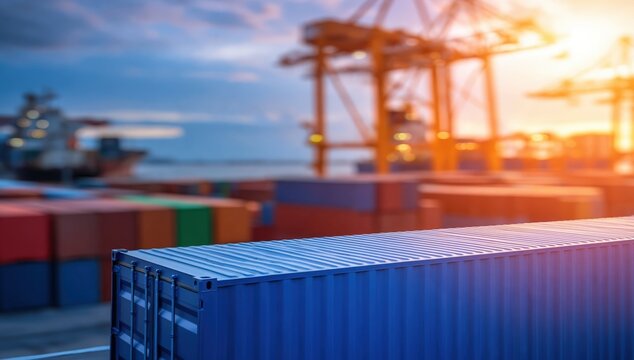 Shipping containers at a busy port during sunset, with cranes and a ship in the background.