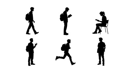 Obraz premium Student silhouettes vector set, diverse college students with backpacks walking and reading, group of 6 young people silhouettes for education design