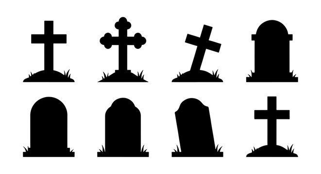 Spooky Halloween gravestone silhouettes set, 8 cemetery tombstone icons with crosses, creepy graveyard headstone vector elements for horror design