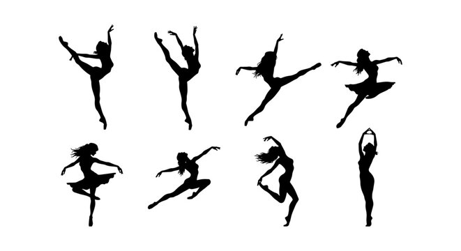 Graceful ballet dancer silhouettes, set of 8 ballerina vector elements, elegant female dancers performing jumps and poses on white background