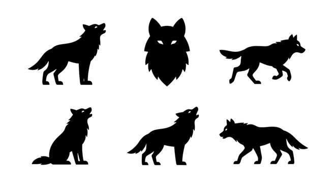 Black wolf silhouette set with 6 vector elements, howling wild wolf icons, predatory animal head and standing canine shapes for logo design