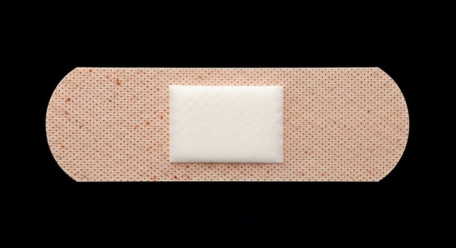 A rectangular adhesive bandage with a central pad, against a black background