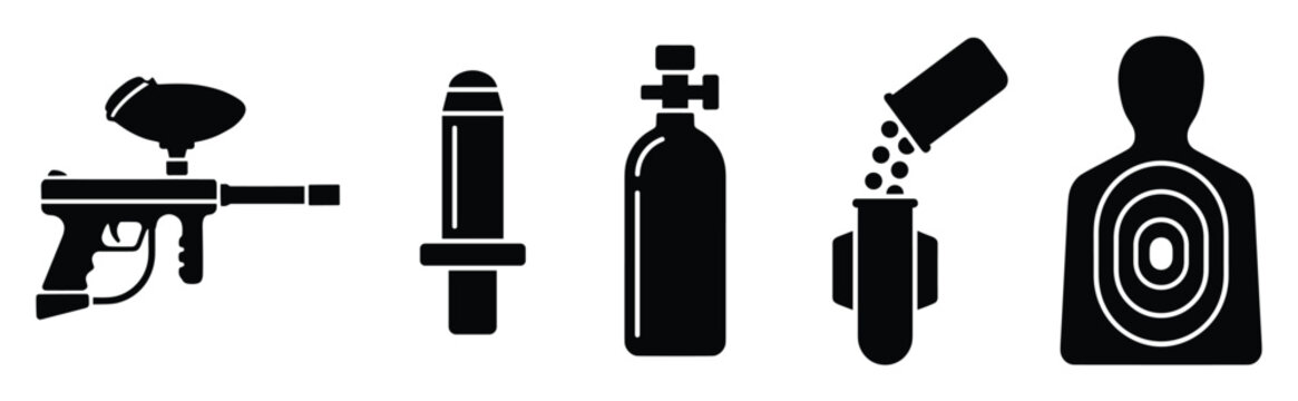 Comprehensive paintball equipment and accessories icons set featuring a paintball gun marker, air tank, paintballs, and a human silhouette target for sports graphics and game design
