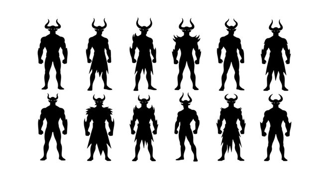 Demon warrior silhouettes set, 12 horned monster character icons, dark fantasy devil creature vector collection for game design and concept art