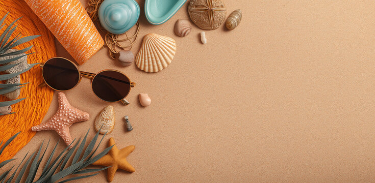 summer background with beach cute and unique accessories on greay sand, with space for text. top view of a tropical holiday banner design. summer vacation concept