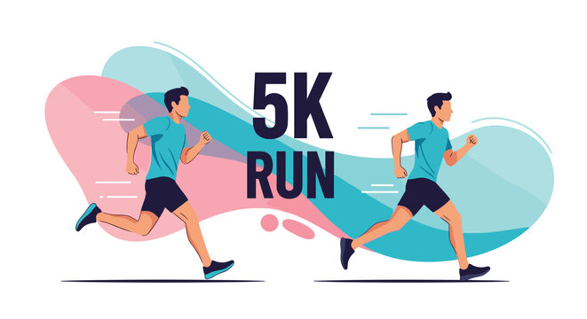 Two men running in a 5K race marathon with a colorful abstract motion background representing speed and active athletic performance.