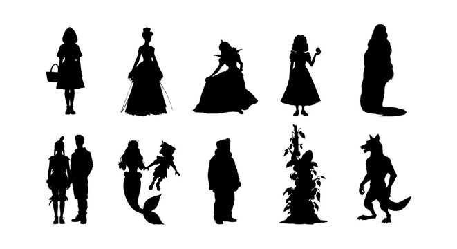 Fairytale character silhouettes collection, black vector set of 10 fantasy icons, mythical storybook figures and princess shapes for storytelling