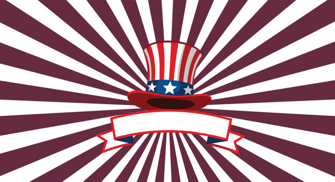 Patriotic Uncle Sam hat with a blank white ribbon banner against a red and white sunburst radial background for celebration events.