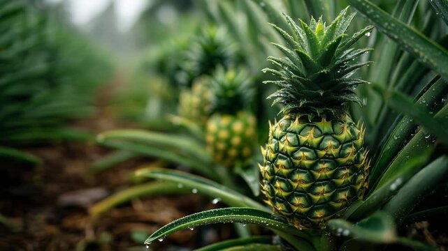 Fresh Pineapple Growing in Tropical Plantation Field