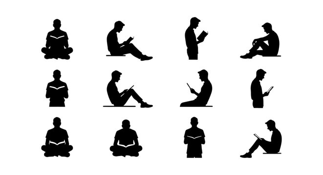 Black silhouettes of people reading books and using tablets, set of 12 human figures in sitting and standing poses, minimalist reader vector icons