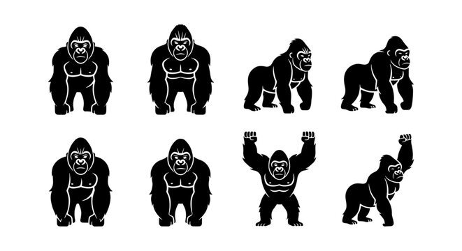 Gorilla silhouette vector set, black ape mascot icons in various poses, 8 primate illustrations for sports logos and gym branding