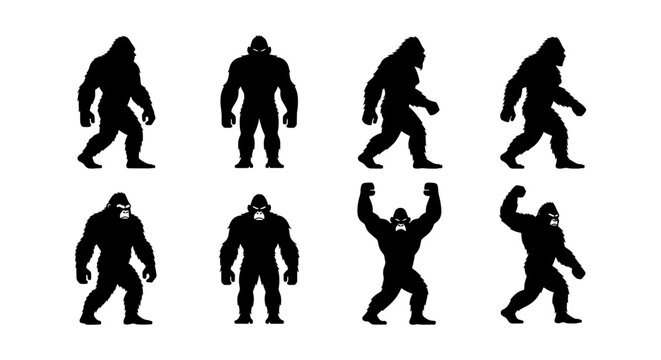 Bigfoot silhouette vector set, 8 mythical sasquatch character icons, black yeti and ape man poses, cryptozoology creature collection for outdoor branding