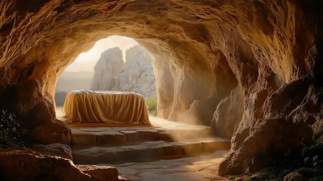 Empty Tomb Cave with Linen Cloth and Light Illuminating the Entrance