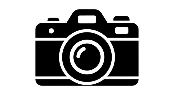 Minimalist digital camera icon vector, black silhouette of a professional DSLR camera, modern photography symbol for web and app design