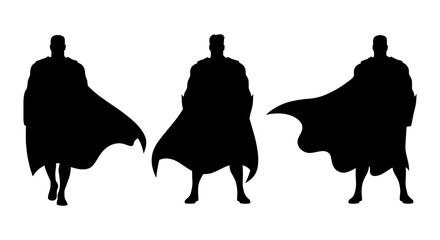 Superhero silhouette vector set, heroic man in cape standing poses, black comic book character outlines isolated on white background © Robiul