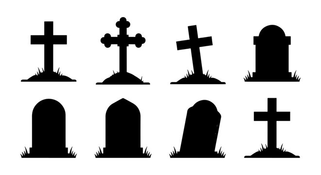 Gothic gravestone silhouettes set, 8 spooky cemetery tombstone icons, black graveyard headstone vector elements for Halloween design