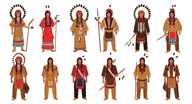 Large collection of diverse Native American people depicted in traditional tribal clothing with various headdresses and tools.