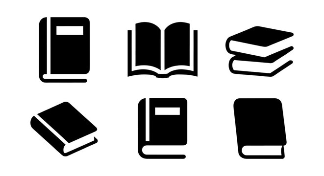 Minimalist book icon set, black silhouette library symbols, collection of 6 vector book graphics for education and reading apps