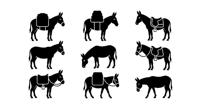 Donkey silhouette vector set, pack animal icons with saddles and luggage, black mule and burro collection for agriculture and travel design