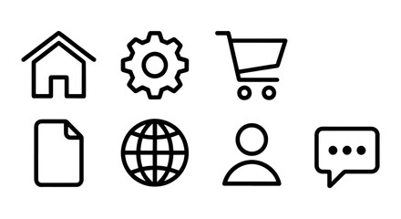Minimalist line web icons set, black outline interface symbols, 7 vector elements for website navigation and mobile app design © Rajib