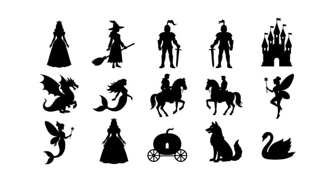 Fairytale silhouette collection with 15 fantasy icons, medieval character vector set, black mythical creature shapes for storytelling and children books
