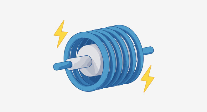 Stylized electromagnet with coiled wire and lightning bolts, representing electric current, physics, and energy technology.