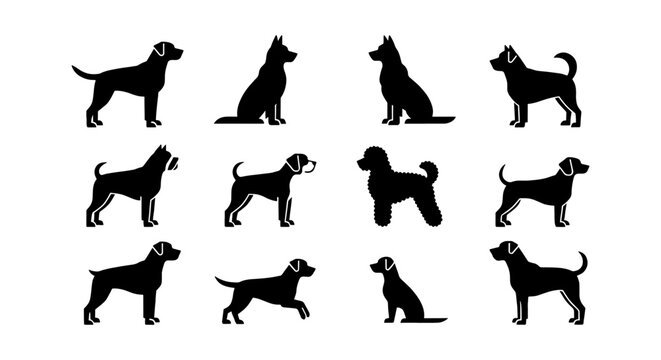 Black dog silhouettes set, 12 vector canine breed icons, minimalist pet animal profile collection for vet and kennel branding