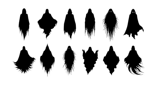 Spooky ghost silhouettes set, creepy phantom spirits in tattered cloaks, 12 dark hooded reaper vector icons for Halloween design