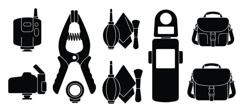 Professional photography equipment collection showcasing camera flashes, wireless triggers, light meters, cleaning tools, studio clamps, and durable camera bags for versatile shooting
