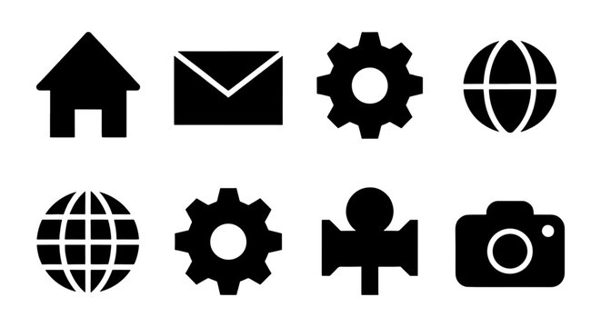 Minimalist black web icons set, 8 vector interface symbols, flat navigation elements for website and mobile app design, solid silhouette graphics