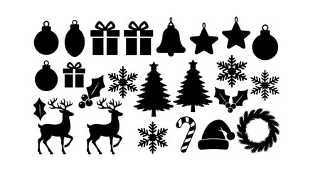 Christmas silhouette icons set, black winter holiday vector elements, 25 festive ornaments including reindeer and snowflakes for seasonal design © Rajib