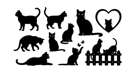 Black cat silhouettes collection, 11 feline vector elements in various poses, domestic cat icons with heart and fence details for pet branding © Rajib