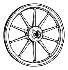 Obraz premium Classic old wooden wagon wheel with spokes and hub, handdrawn in a vintage sketch style, perfect for historical designs, farming themes, or antique graphic elements for projects.