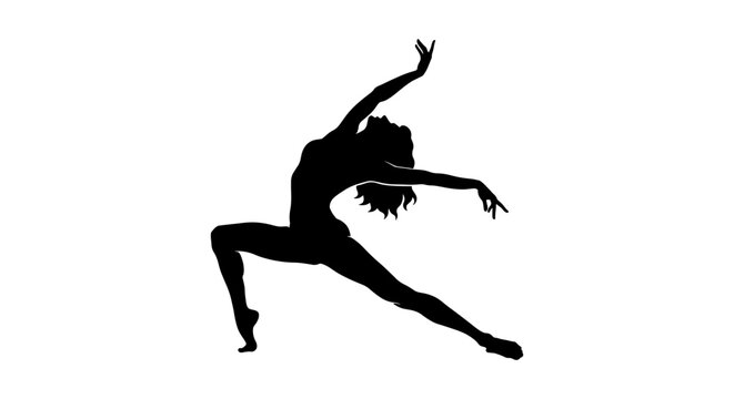 Graceful contemporary dancer silhouette, black vector illustration of a female performer in motion, expressive modern dance pose on white background