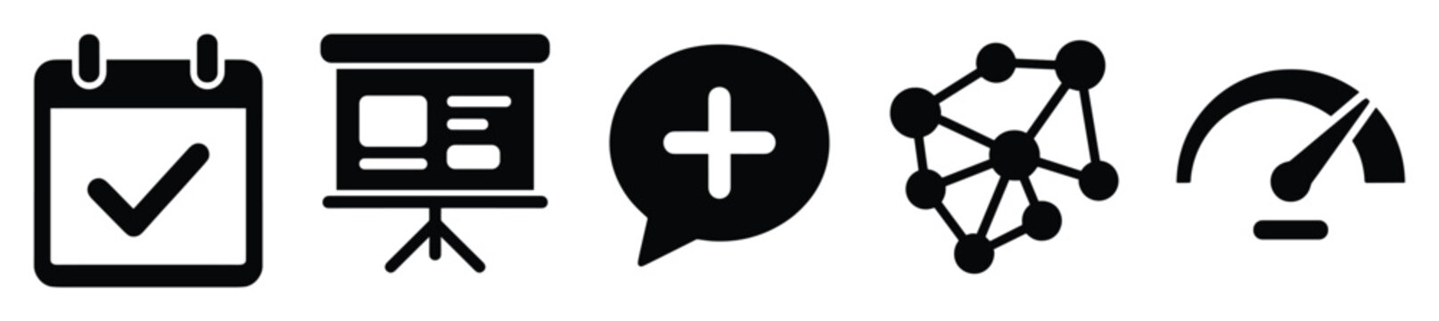 Dynamic business icons showcasing a calendar with check, presentation board, chat bubble with plus, network diagram, and speed meter for enterprise software and digital platforms