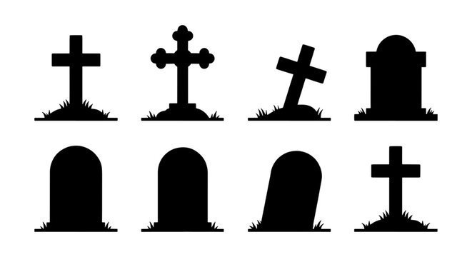 Spooky Halloween gravestone silhouettes, set of 8 tombstone icons with crosses and headstones, cemetery graveyard vector elements for horror design