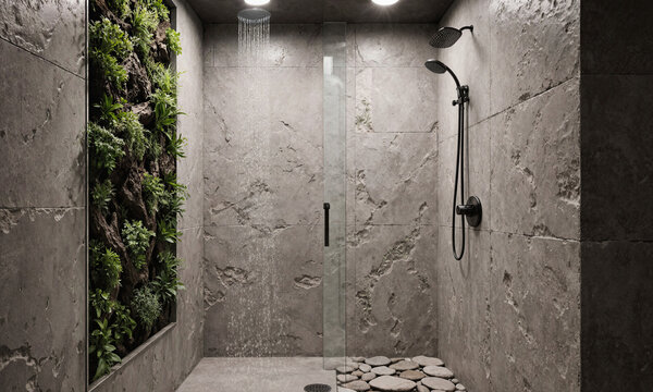 Biophilic stone garden walk-in shower with vertical plant wall and rain showerhead creating a luxurious spa-like bathroom oasis