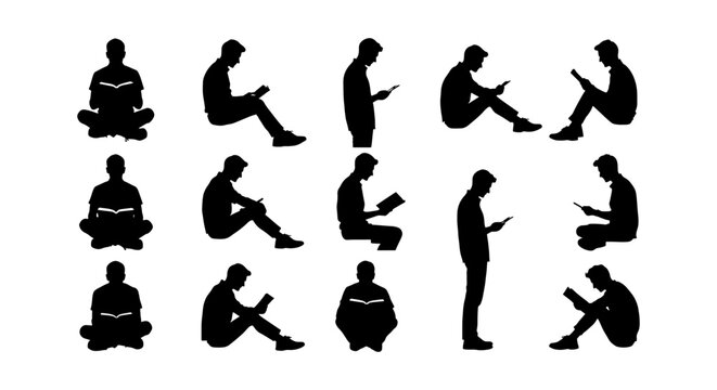 Black silhouette people reading books and using phones, 15 vector male figures in sitting and standing poses, men with mobile devices and literature