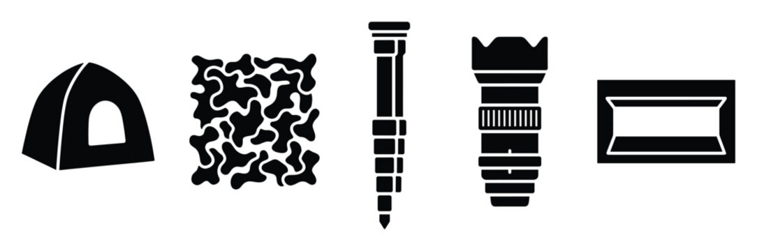 Essential equipment for outdoor adventures and nature photography including a camping tent, camouflage texture, sturdy monopod, professional camera lens, and versatile softbox for various