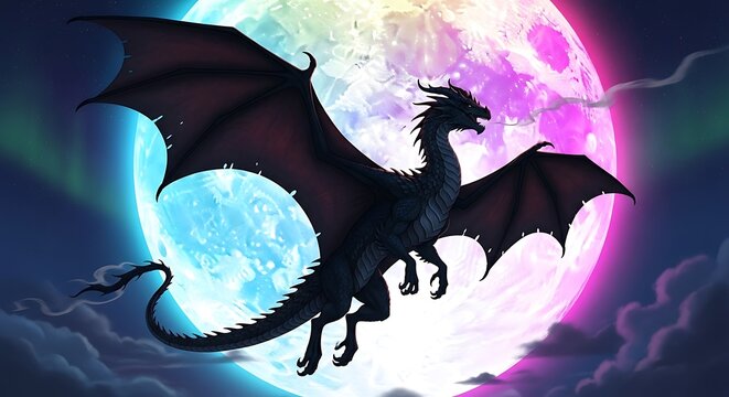 Mythical dragon flying under full moon.