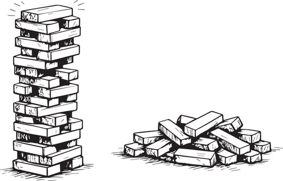  Wooden Block Stacking Game Tower &ndash; Cube Puzzle Stack and Collapsed Bricks, Jenga Style Sketch Vector Illustration
