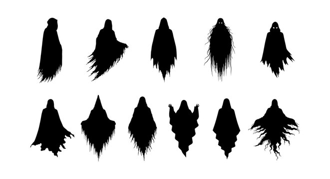 Spooky ghost silhouettes collection, 11 dark phantom vector elements. Creepy spirit character set for Halloween design, tattered wraith shapes