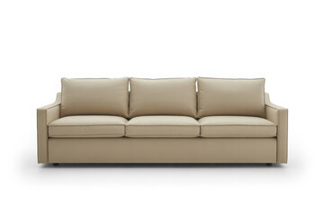 Fototapeta premium Beige leather sofa with three cushions isolated on white background
